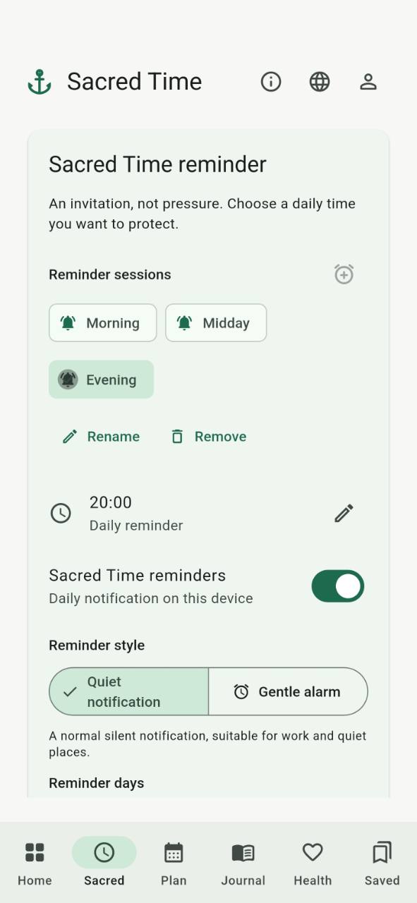 Daily Anchor Sacred Time reminder settings